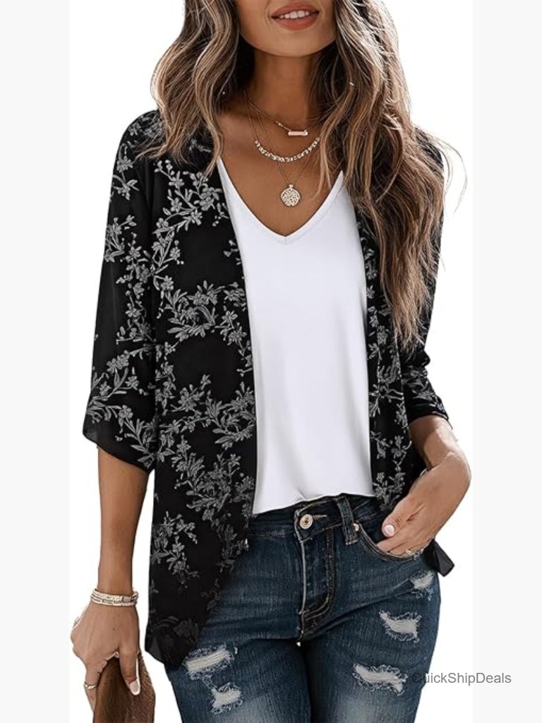 Lightweight Chiffon Cardigan Puff Sleeve Loose Beach Cover Up Blouse